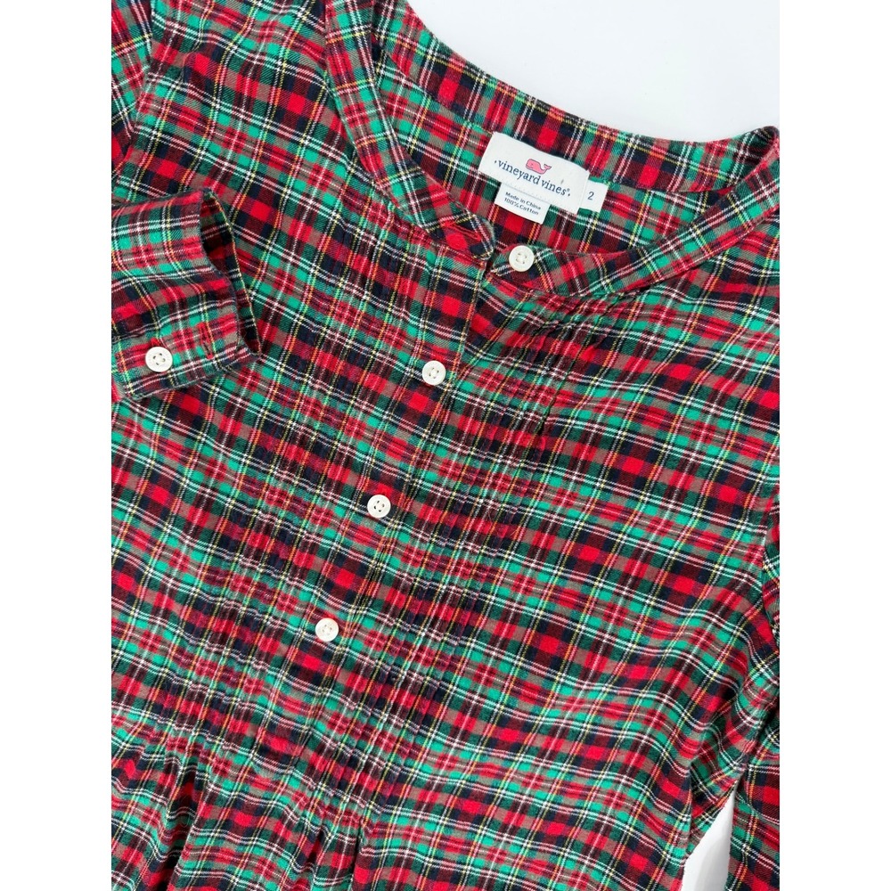 Vineyard Vines Womens Red Green Plaid Pintuck Button Front Blouse Top Size 2